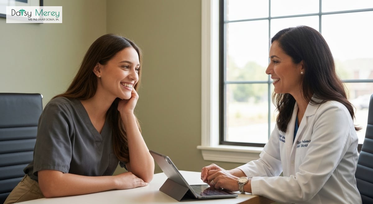 An engaging photograph of a patient in a consultation with a medical professional, discussing treatm