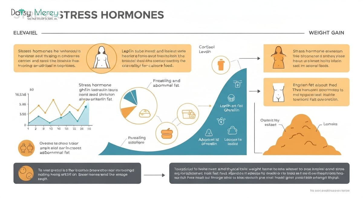 A visually engaging infographic illustrating the relationship between stress hormones and weight gai