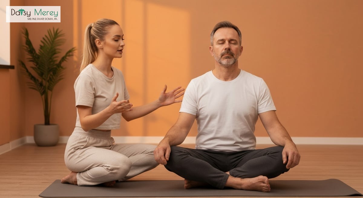 A serene image depicting a professional wellness coach guiding a patient through relaxation techniqu