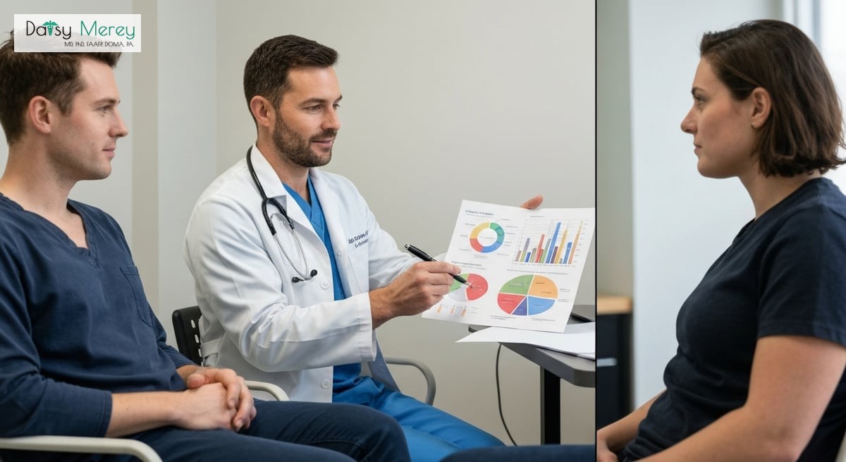 A photo-realistic image of a doctor discussing HRT with a patient, showing charts and body composition analysis.

Photo-realistic, editorial-quality