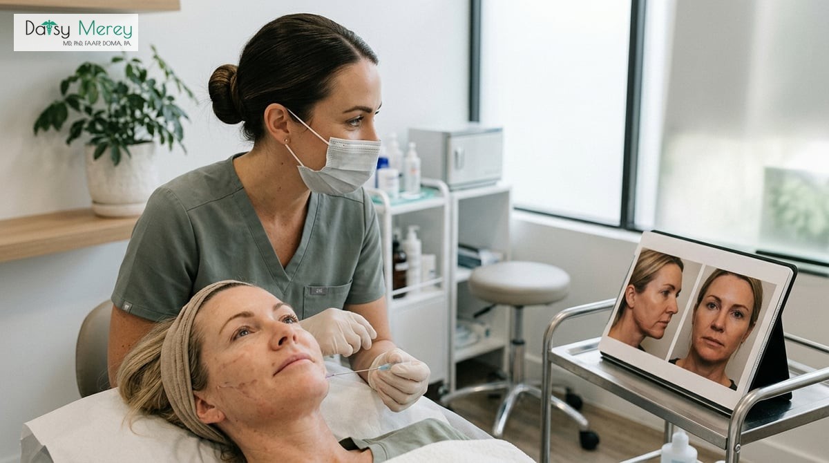 A serene, modern clinic environment where a professional is demonstrating PDO thread lifting on a patient, showcasing a before-and-after