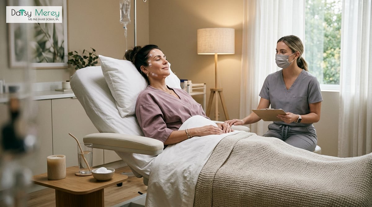 An aesthetic, softly lit recovery room focusing on a patient after a PDO thread procedure with a soothing ambiance.

Photo-realistic