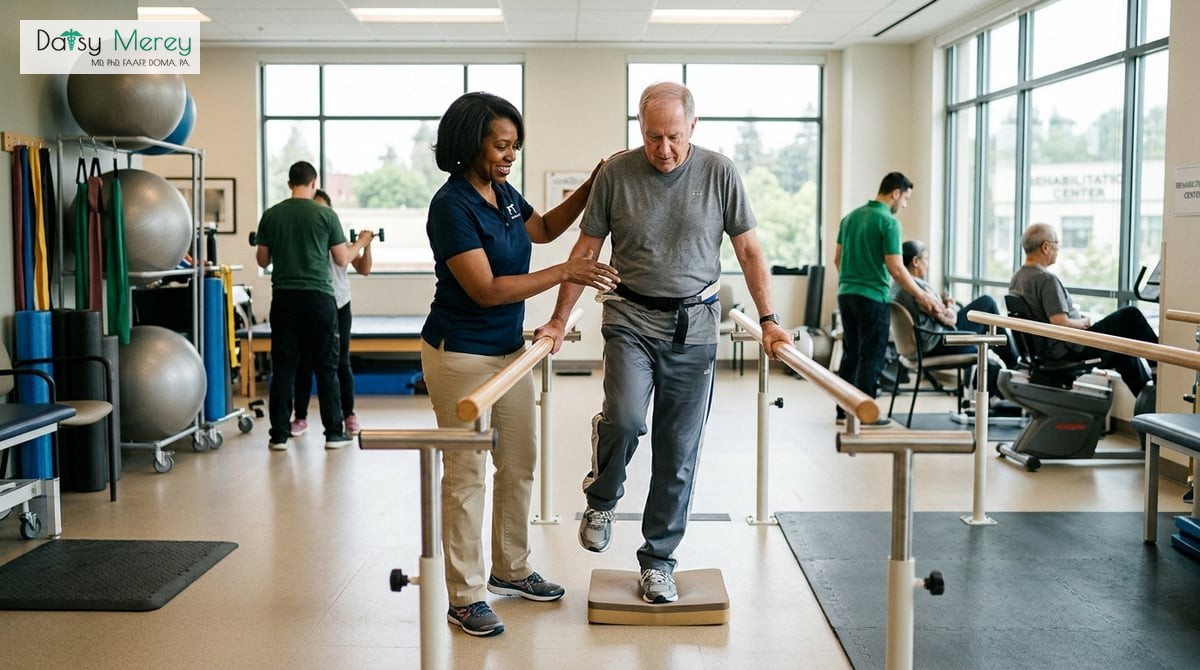 A therapist guiding a patient using balance exercises in a rehabilitation center, emphasizing safety measures like handrails and supportive