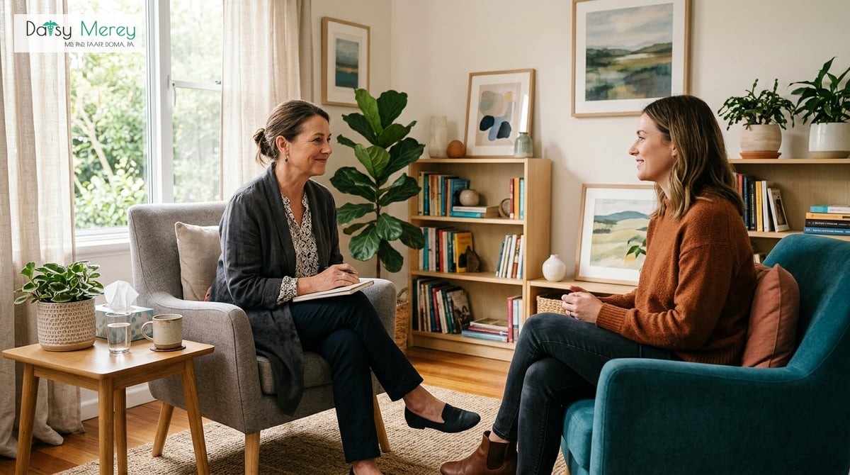 A caring therapist working individually with a patient in a bright, inviting therapy room, symbolizing personalized care and support in emotional