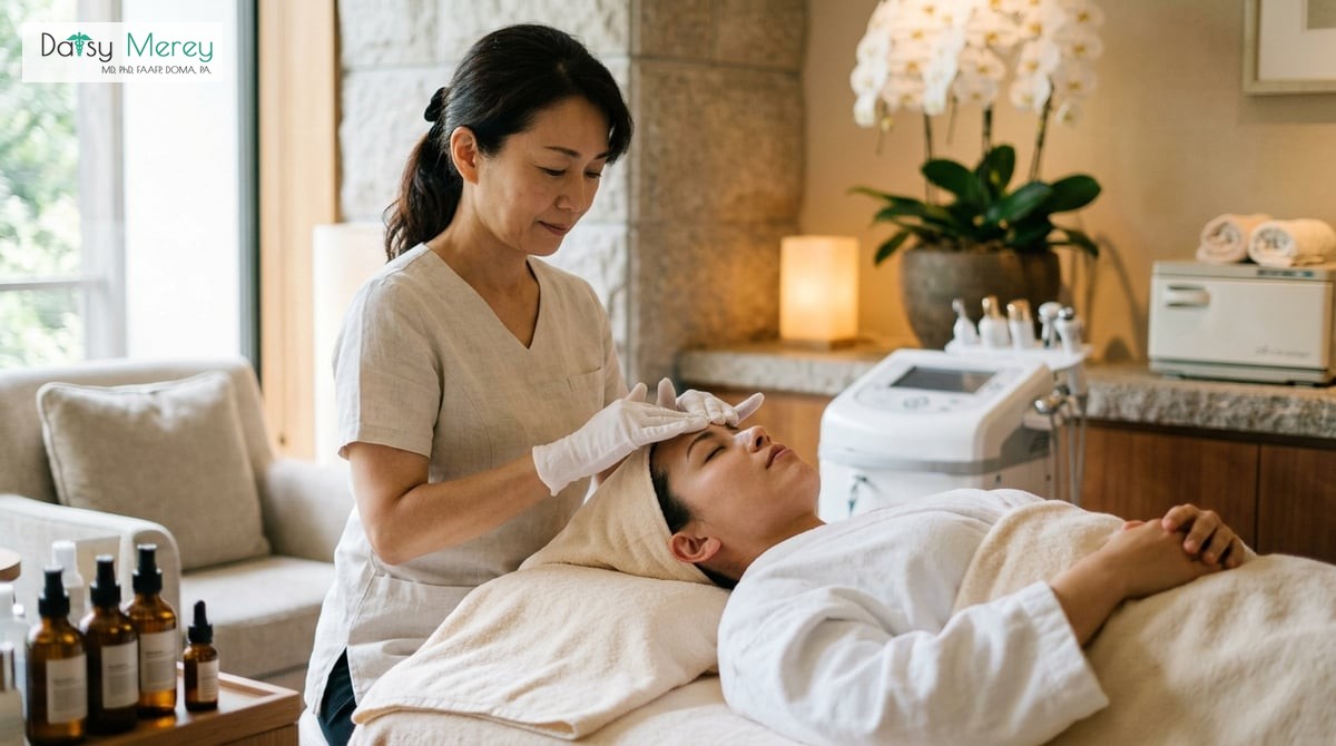 A serene spa environment where a patient is receiving skin treatment from an experienced practitioner, showcasing the calming and professional