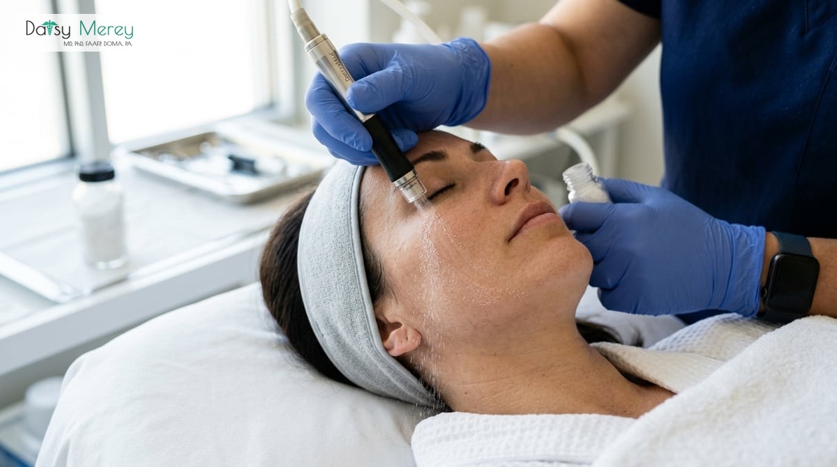 A close-up of a microdermabrasion procedure in progress, showing the hand-held device in action, with fine crystals being applied to a patient's
